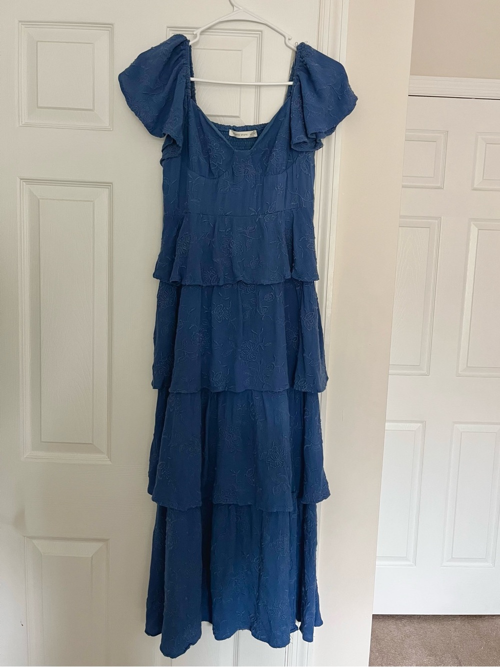 Altar'd State Blue Tiered Midi Dress with Flutter Sleeves